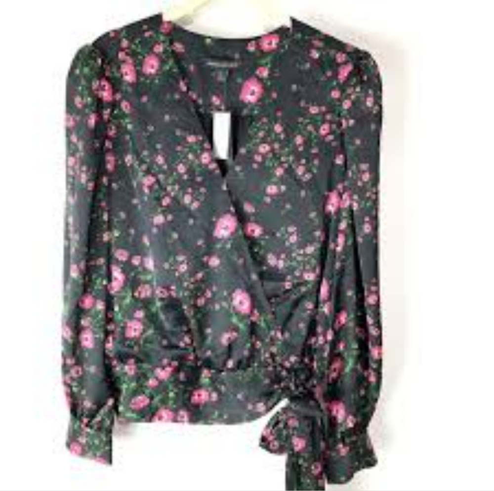 Banana Republic Black Floral Wrap Top with Pink Flowers